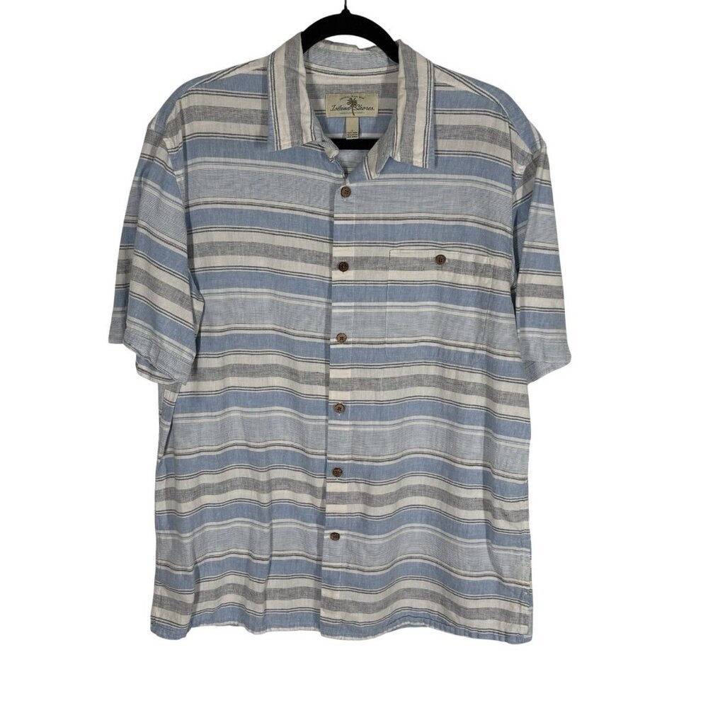 Island Shores Men Sz L White/Blue/Gray Striped Linen Blend S/S Button Up Shirt